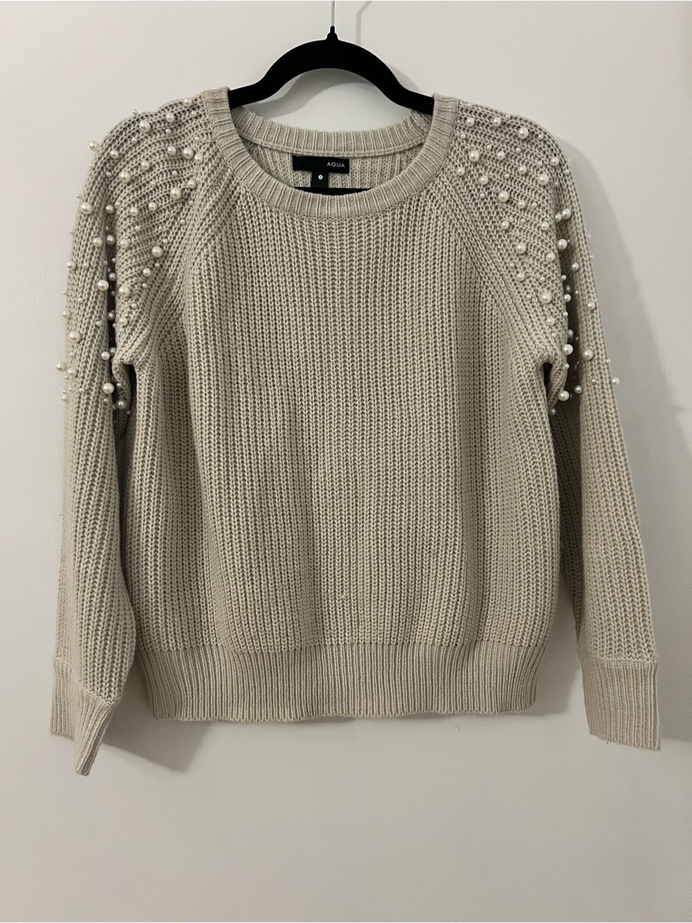 Aqua Pearl-Embellished Tan Cable Knit Sweater Size S